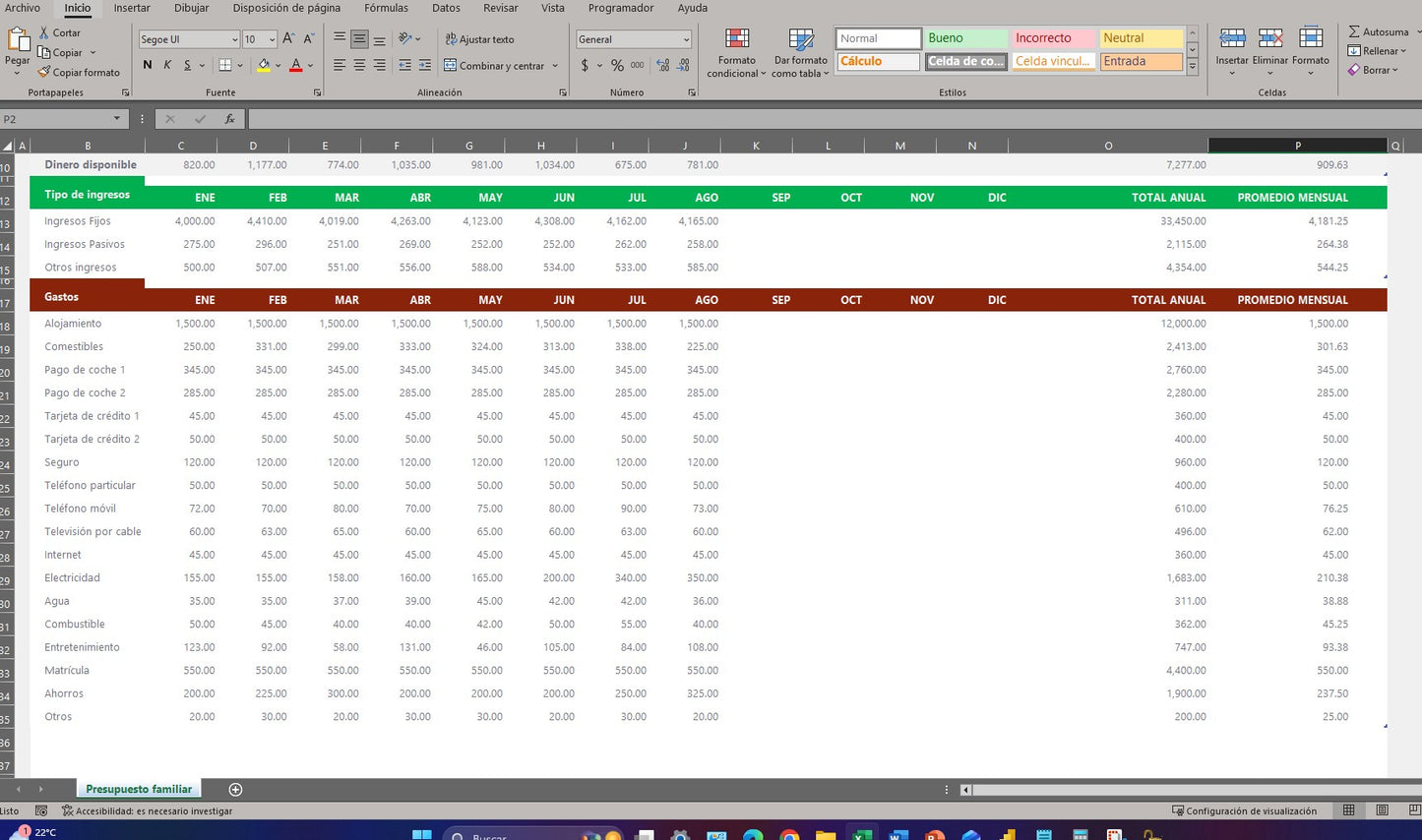 Formato Básico para Presupuesto Familiar en Excel