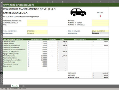 Formato Básico Registro de Mantenimiento de Vehiculo en Excel