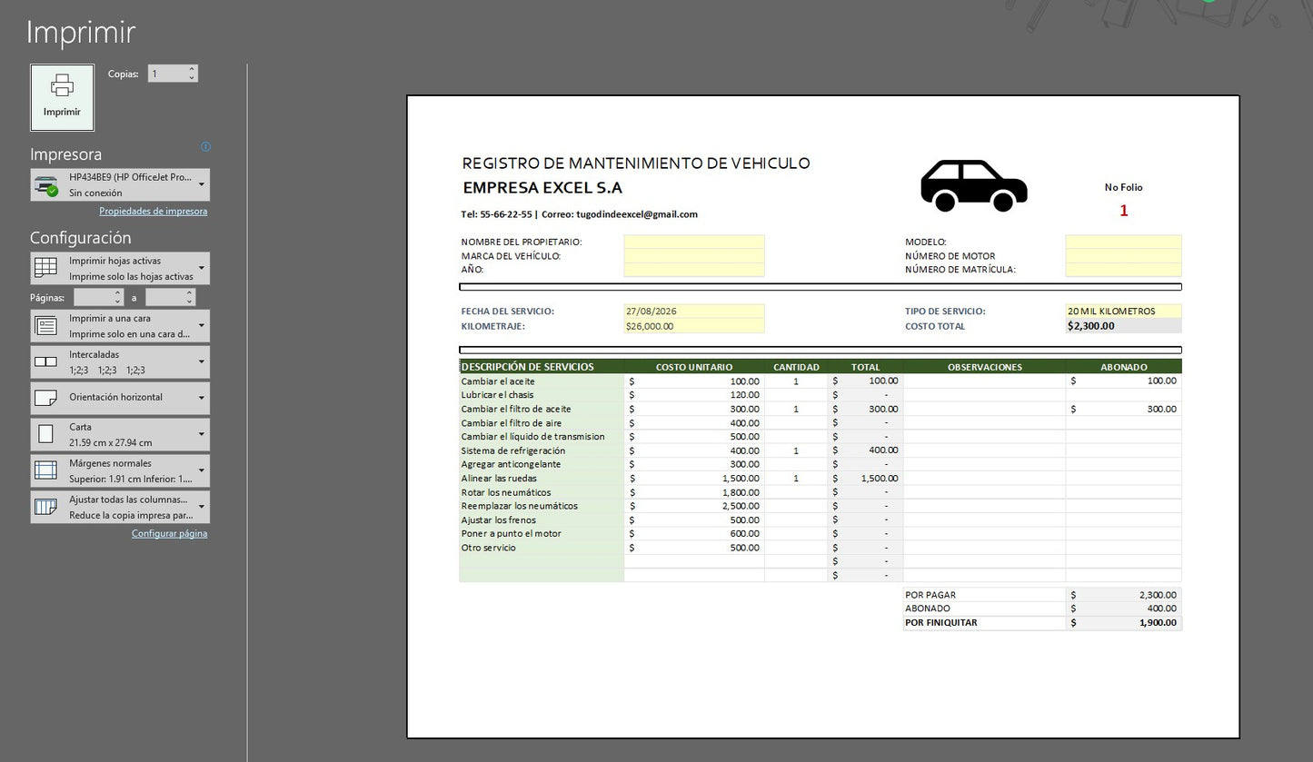 Formato Básico Registro de Mantenimiento de Vehiculo en Excel