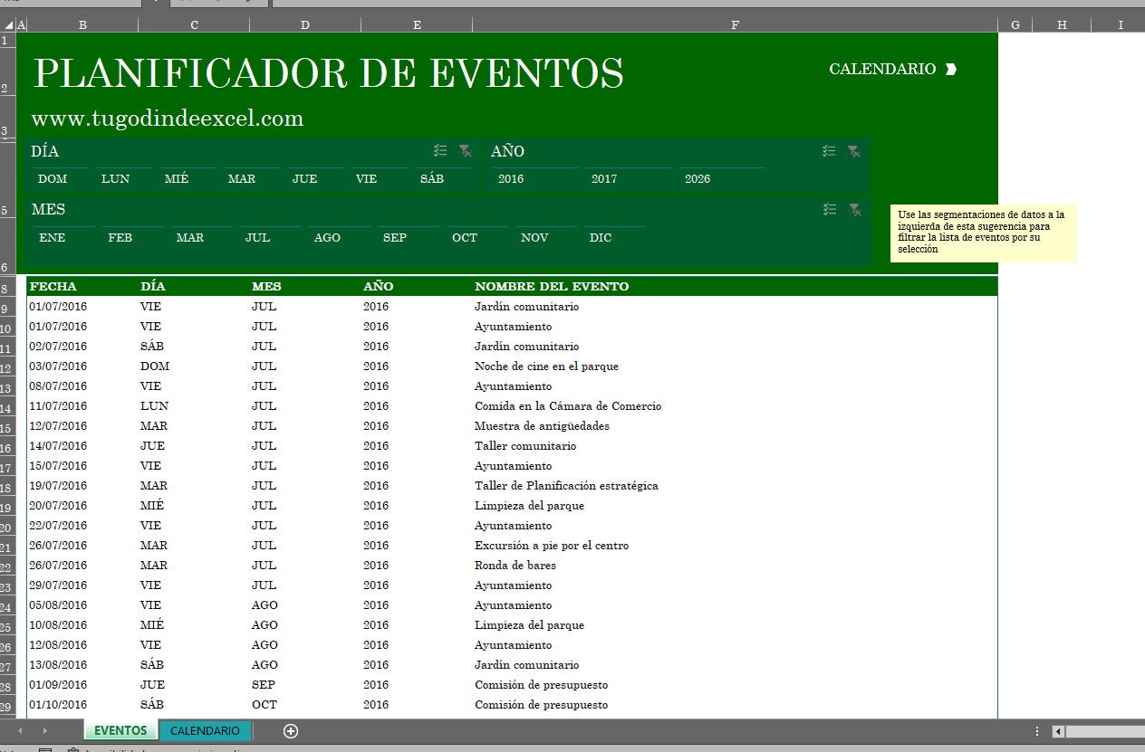 Formato Básico Planificador de Eventos en Excel