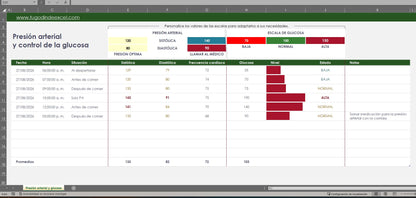 Formato Básico para Control de Glucosa y Presión Arterial en Excel