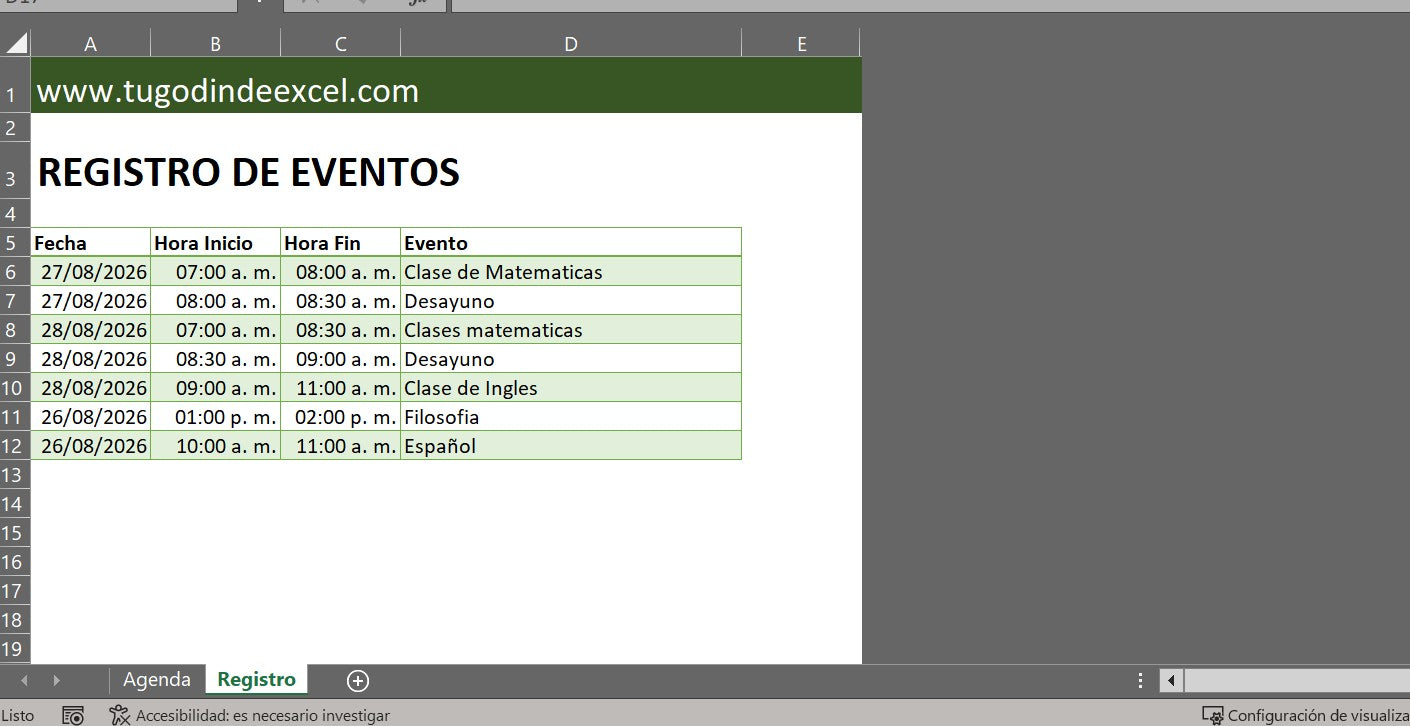 Plantilla Básica para Agenda Diaria o Semanal en Excel con VBA