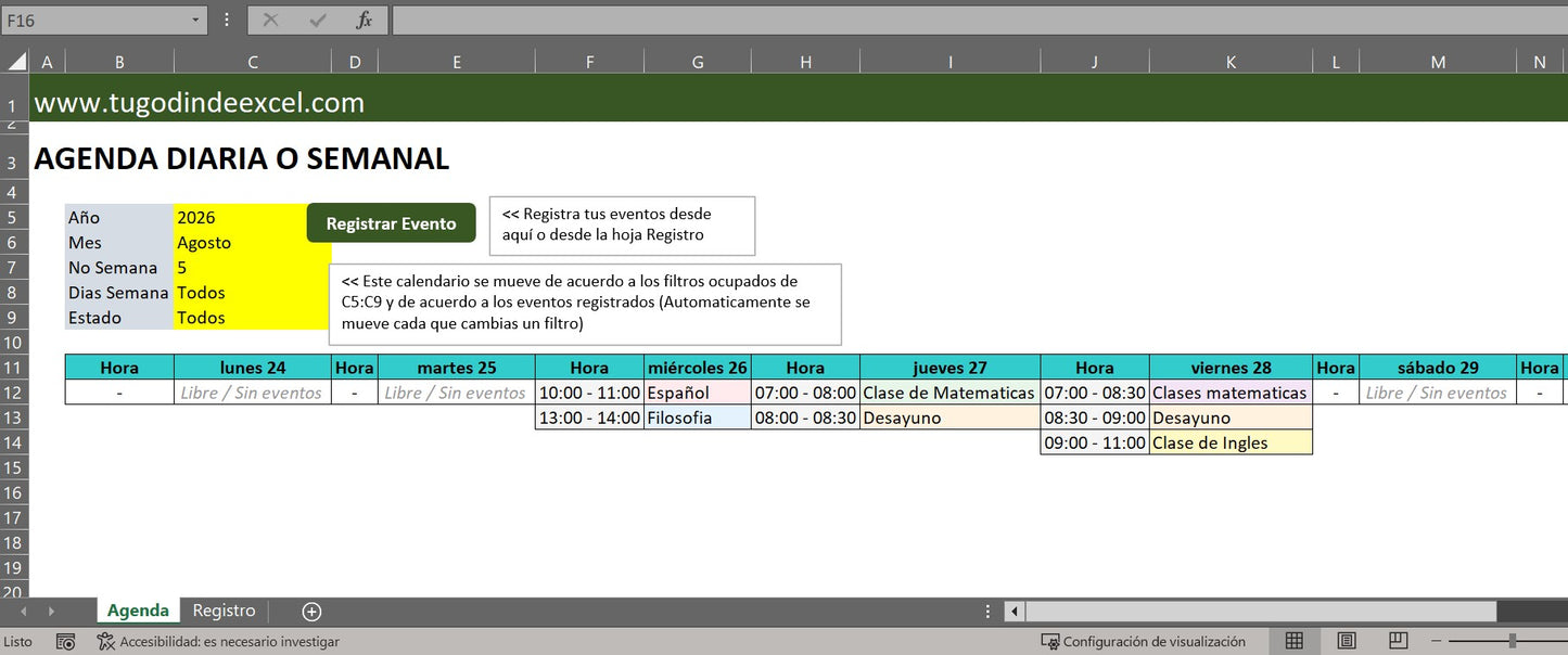 Plantilla Básica para Agenda Diaria o Semanal en Excel con VBA