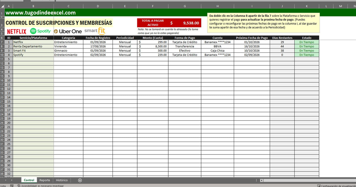 Formato para Control de Membresías y Suscripciones Personales en Excel VBA