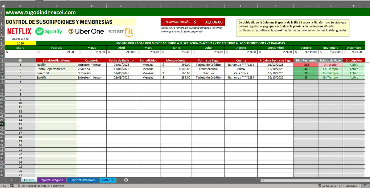 Formato para Control de Membresías y Suscripciones Personales en Excel VBA