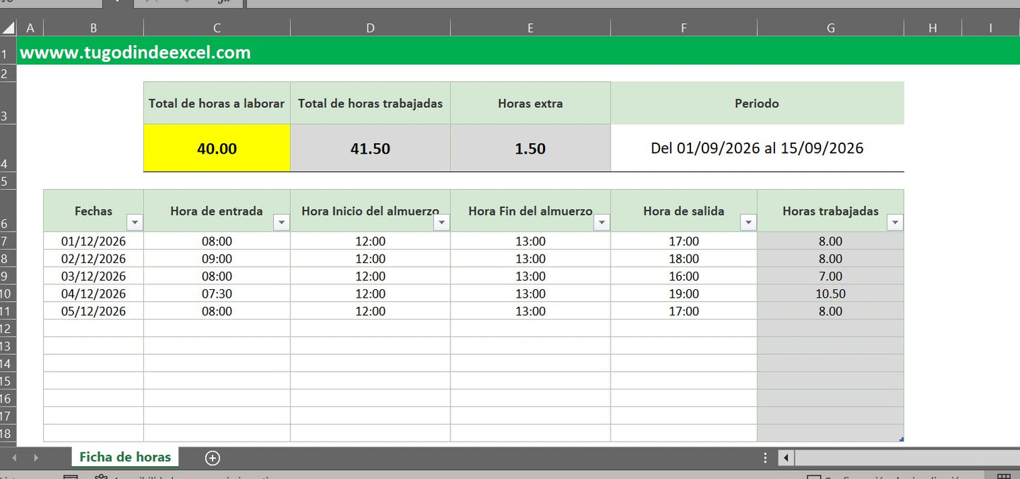 Formato Básico para Control de Horas Trabajadas en Excel