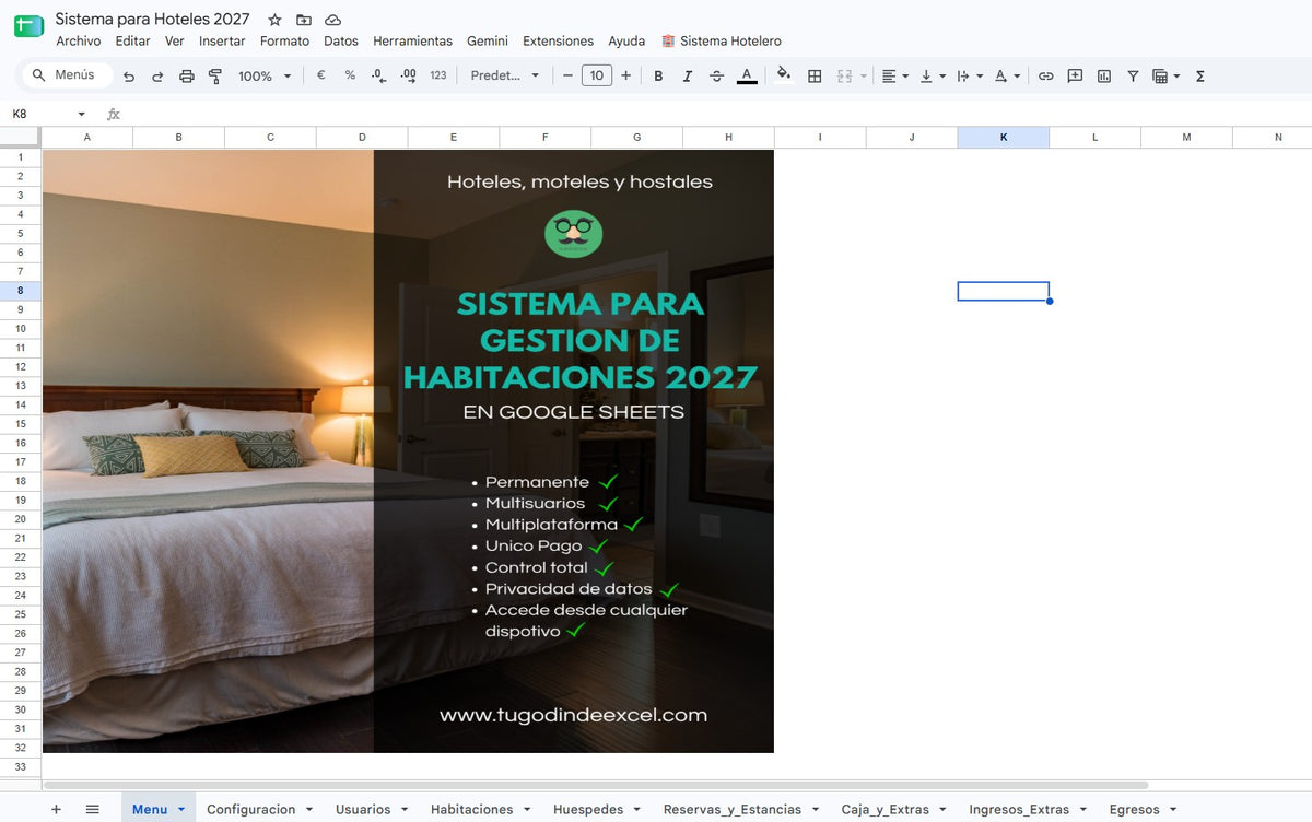Sistema para Gestión de Habitaciones 2027 en Google Sheets (Hoteles, Moteles, Hostales)