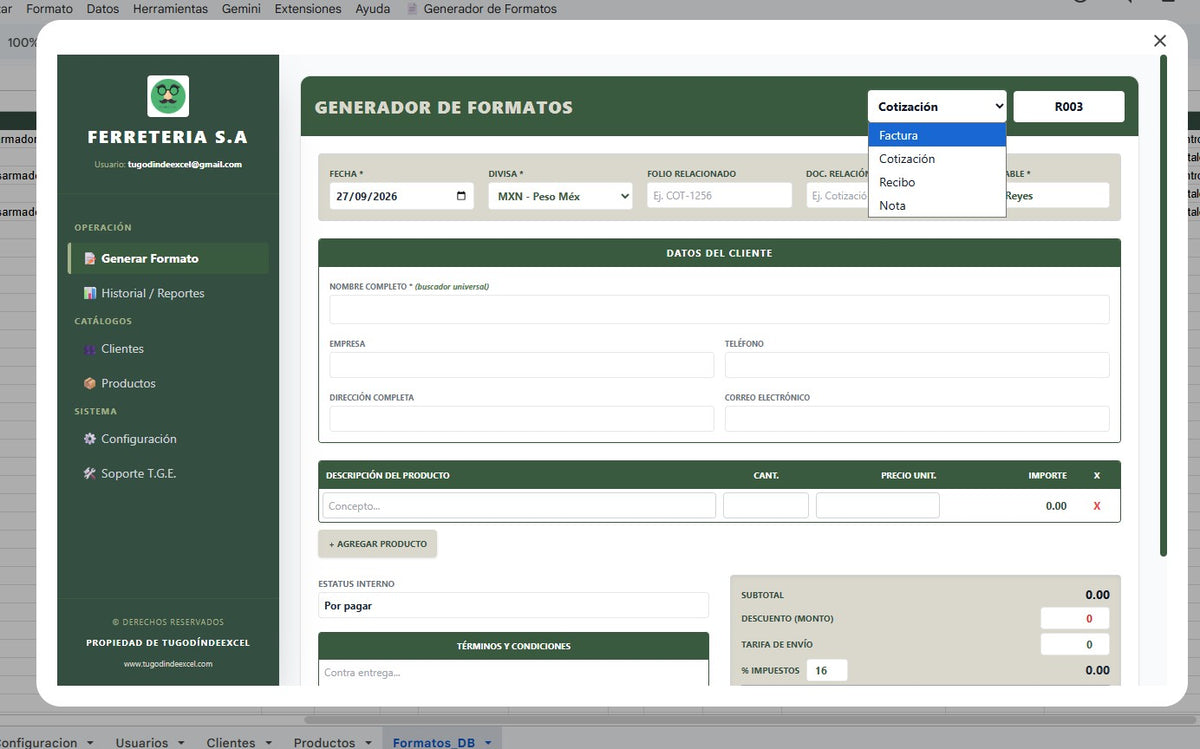 Generador de Multiples Documentos (Cotizacion, Recibo, Factura, Nota) 2027 en Google Sheets ¡Multiplataformas!
