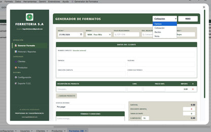 Generador de Multiples Documentos (Cotizacion, Recibo, Factura, Nota) 2027 en Google Sheets ¡Multiplataformas!