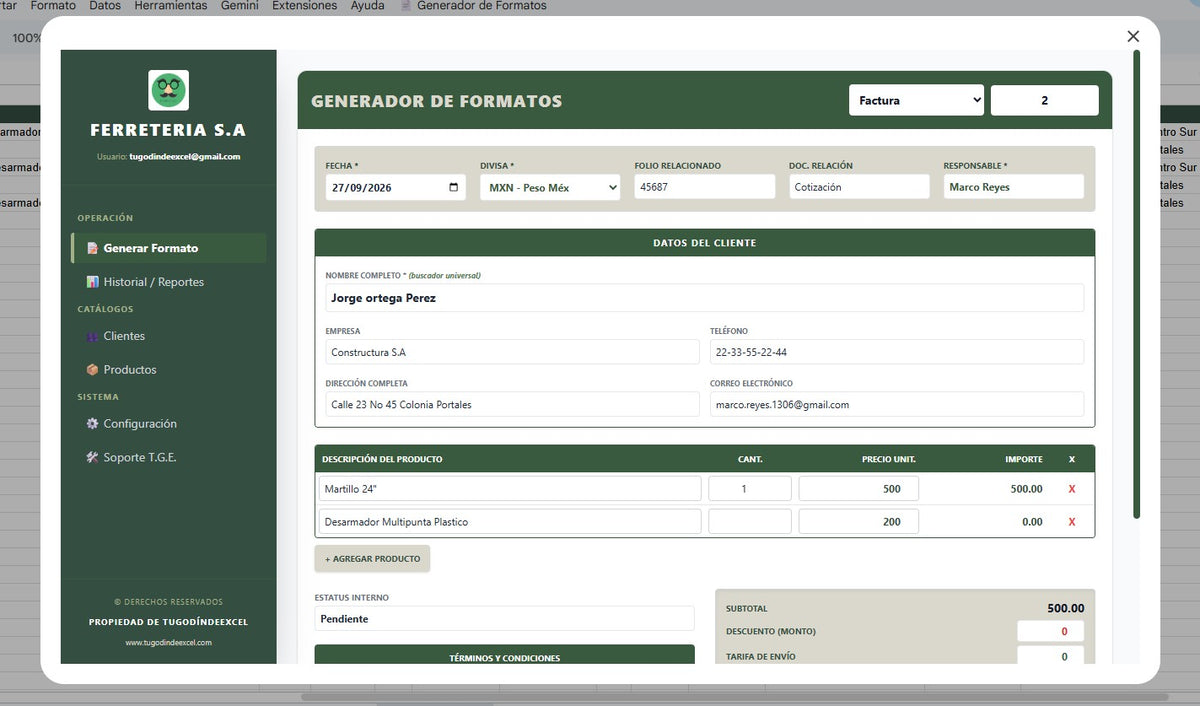 Generador de Multiples Documentos (Cotizacion, Recibo, Factura, Nota) 2027 en Google Sheets ¡Multiplataformas!
