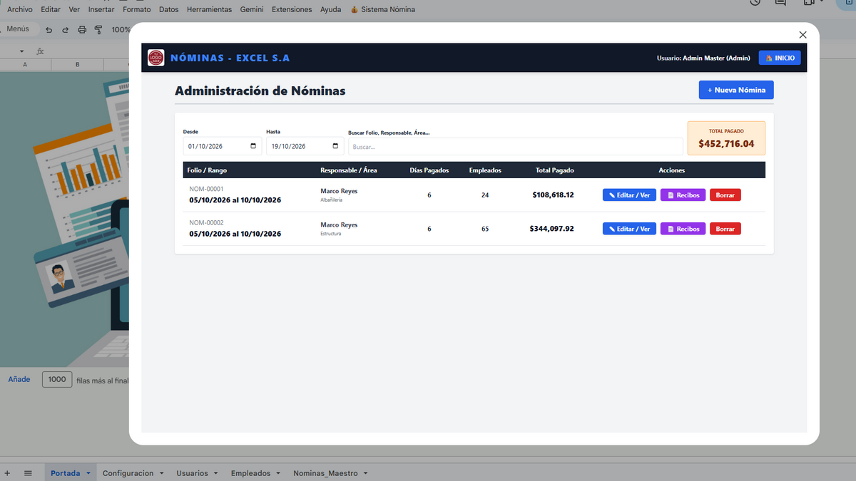SERVICIO DE TRANSFORMACIÓN DE PLANTILLA DE NÓMINA EN APLICATIVO WEB EN GOOGLE SHEETS (Leer descripción)