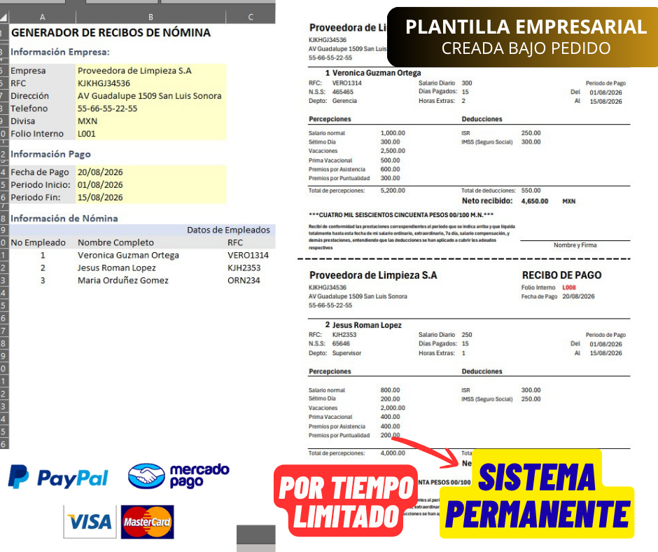 Generador de Multiples Recibos de Nómina en Excel (Windows/MAC)