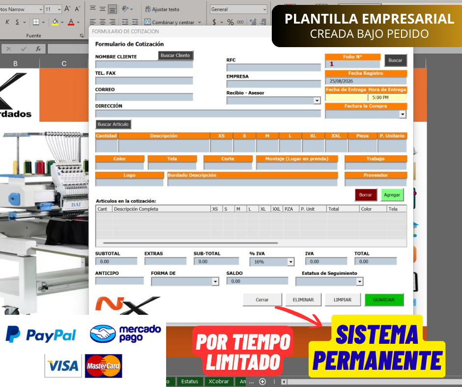 Sistema de Cotización para Empresa de Bordados en Excel