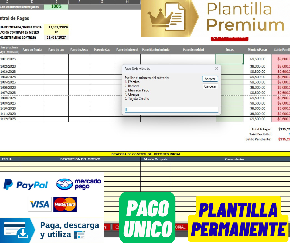 Bitacora para Control de Rentas de Propiedades en Excel 2026 V.2 (Windows/MAC)