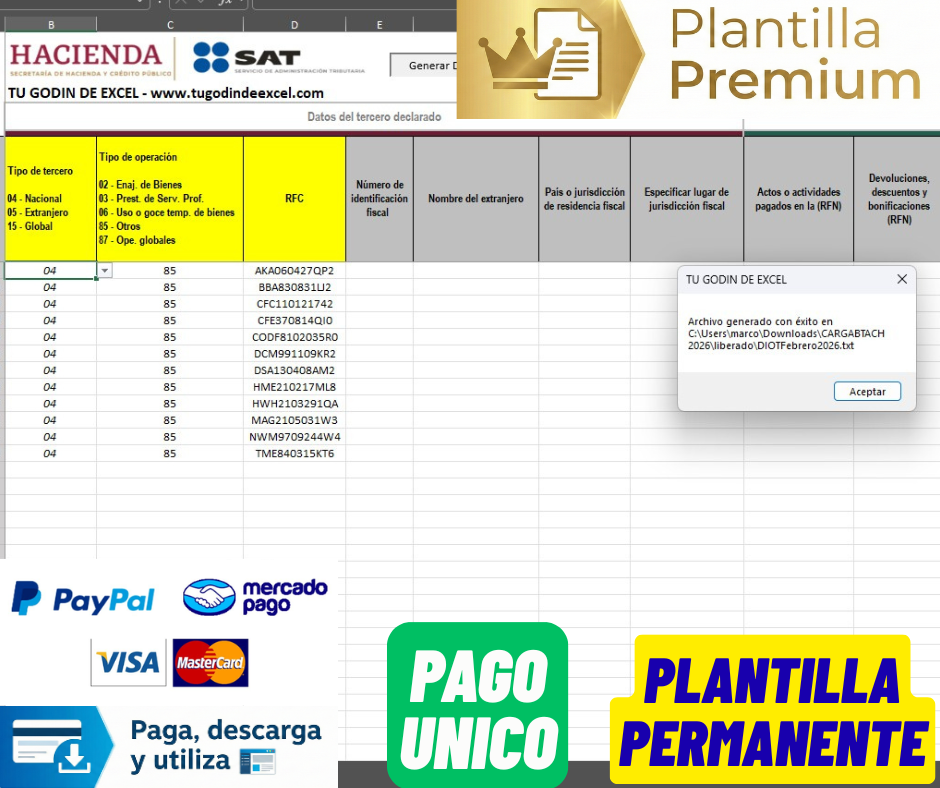 Plantilla Carga Batch (DIOT) 2026 en Excel