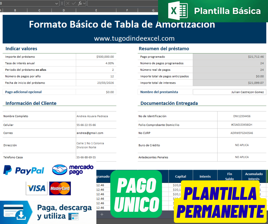 Formato Básico para Tabla de Amortización