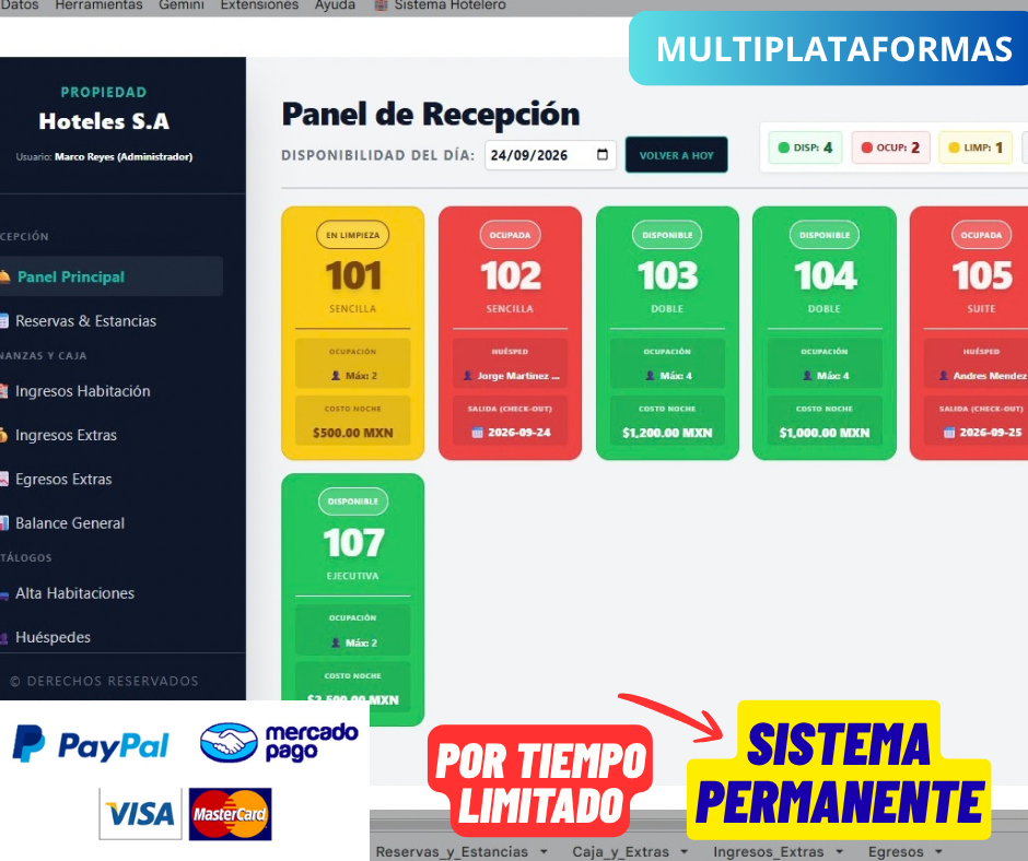 Sistema para Gestión de Habitaciones 2027 en Google Sheets (Hoteles, Moteles, Hostales)