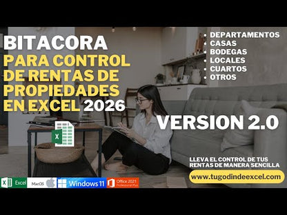 Bitacora para Control de Rentas de Propiedades en Excel 2026 V.2 (Windows/MAC)